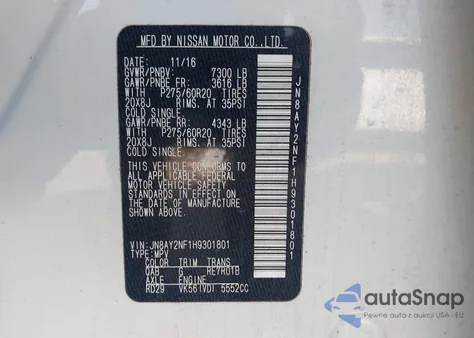 2017 Nissan Armada Platinum z USA, uszkodzony, nr VIN JN8AY2NF1H9301801